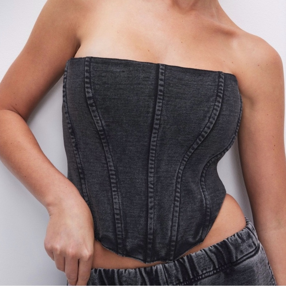 NWT Good American Jeanius Terry Corset 2XL Black Strapless Boned Washed Top